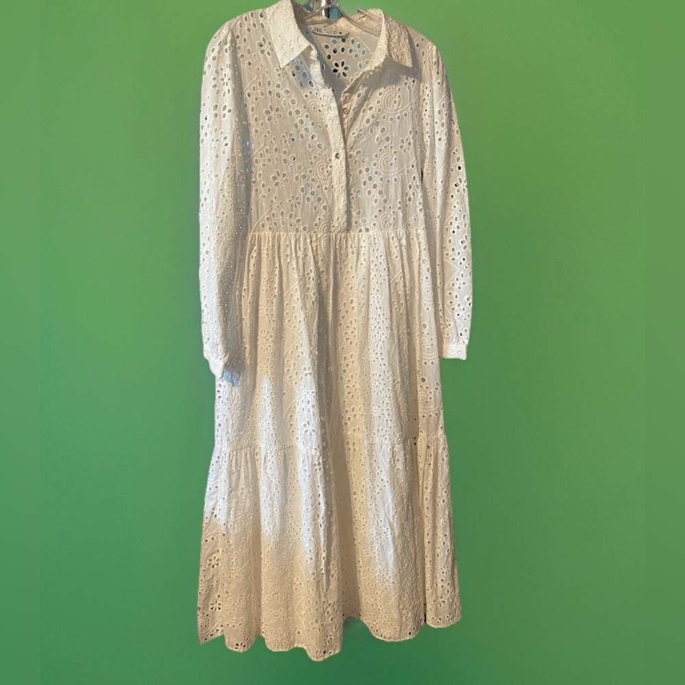 Zara White Eyelet Midi Dress Small 100% Cotton Boho Chic Tiered Shirt Dress S - Picture 4 of 7